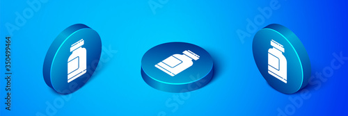Isometric Sports nutrition bodybuilding proteine power drink and food icon isolated on blue background. Blue circle button. Vector