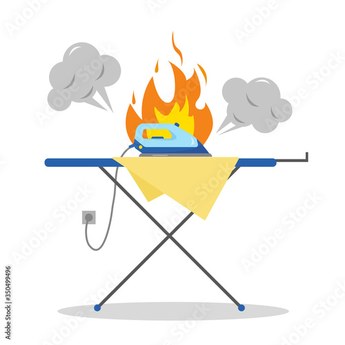 Fire and brocken iron on an ironing board.