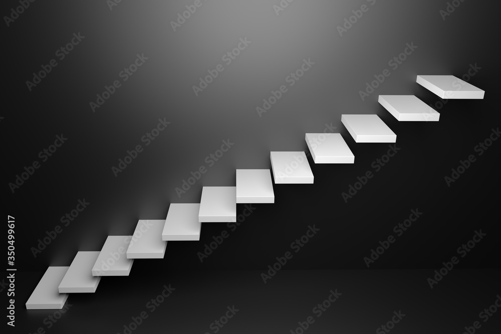 Ascending white stairs in black room 3D abstract illustration Ascending white stairs in black room 3D abstract illustration