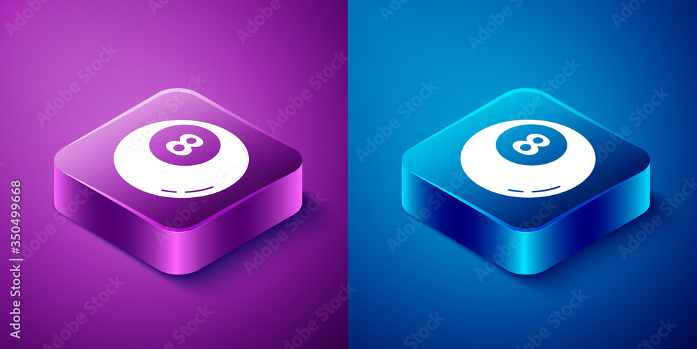 Isometric Billiard pool snooker ball icon isolated on blue and purple background. Square button. Vector Isometric Billiard pool snooker ball icon isolated on blue and purple background. Square button. Vector