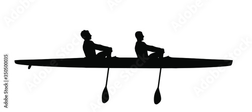 Teamwork of two kayakers paddling double kayak in competition race vector silhouette isolated. Sport man crew in kayak boat racing. Weekend team building on river. Sport canoe duo rowing in sprint. 