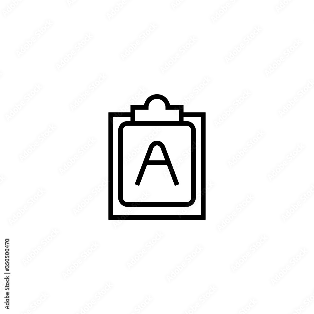 Clipboard with letter a vector icon in linear, outline icon isolated on white background
