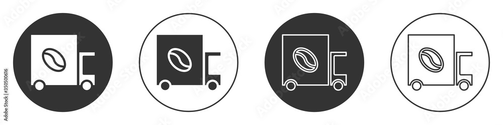 Black Coffee street truck machine icon isolated on white background. Delivery coffee. Circle button. Vector Black Coffee street truck machine icon isolated on white background. Delivery coffee. Circle button. Vector