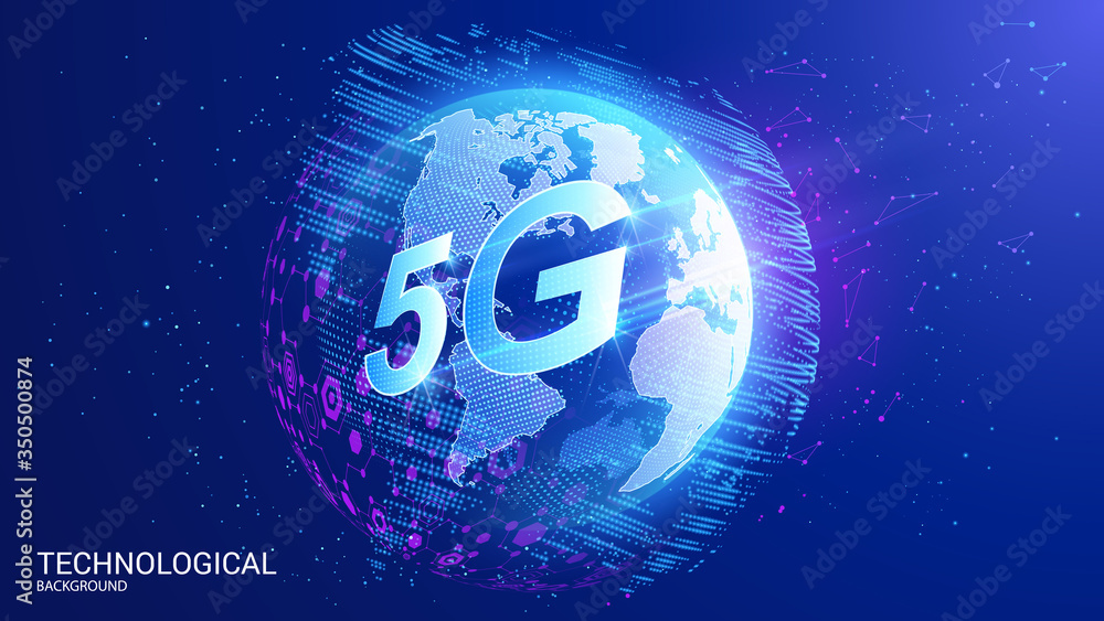 Vector. The fifth generation of 5G mobile broadband. Wi-fi Digital antenna arrays. Worldwide global information network. Modern technology and innovation. Planet Earth. The future of communications.