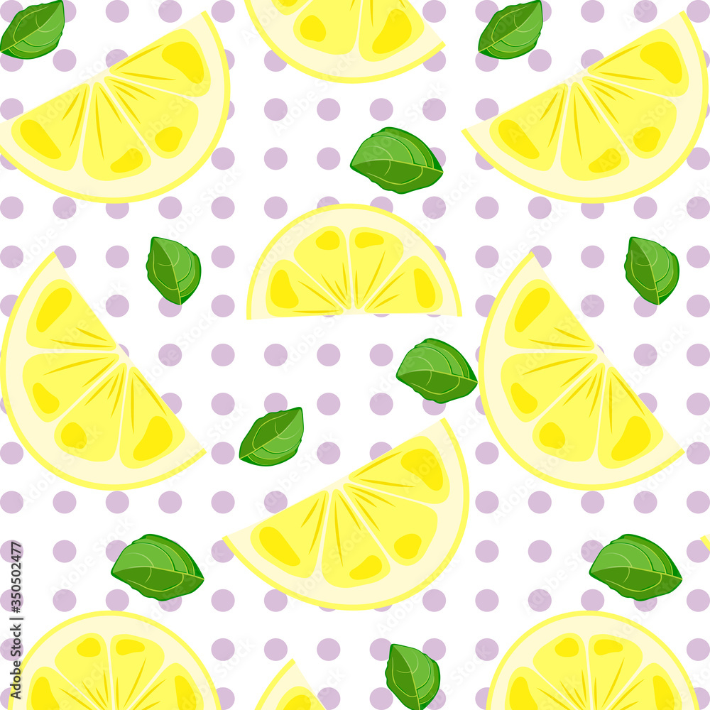 Lemon slices and mint leaves. Vector isolated pattern.Beautiful background with lemons. Great for print on fabric and children clothes, stock illustration Lemon slices and mint leaves. Vector isolated pattern.Beautiful background with lemons. Great for print on fabric and children clothes, stock illustration