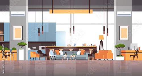 empty coworking space modern office room interior creative workspace horizontal banner flat vector illustration