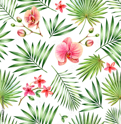 Watercolor tropical seamless pattern. Pink orchid flowers and palm leaves isolated on white. Botanical hand drawn floral background for surface  textile  wallpaper design