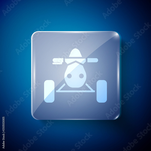 White All Terrain Vehicle or ATV motorcycle icon isolated on blue background. Quad bike. Extreme sport. Square glass panels. Vector