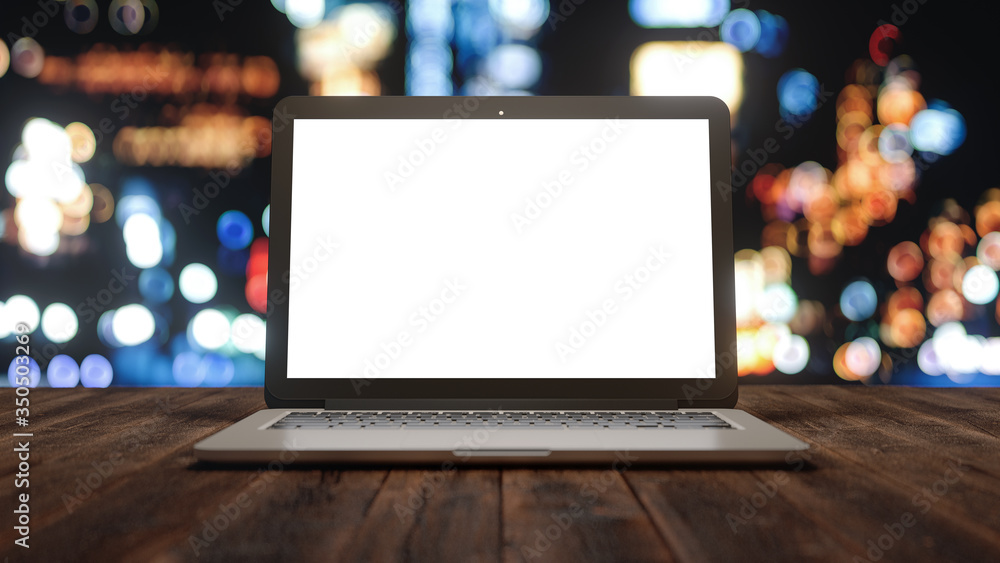 Laptop blank screen on wood table with abstract background,3d rendering,conceptual image. Laptop blank screen on wood table with abstract background,3d rendering,conceptual image.