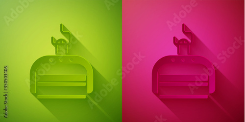 Paper cut Ski lift icon isolated on green and pink background. Paper art style. Vector