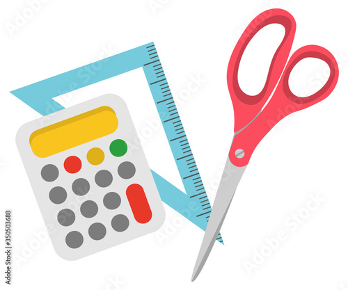 Office supplies for study and work on white background. Calculator to do calculations and ruler to draw lines. Scissors to cut paper vector. Back to school concept. Flat cartoon