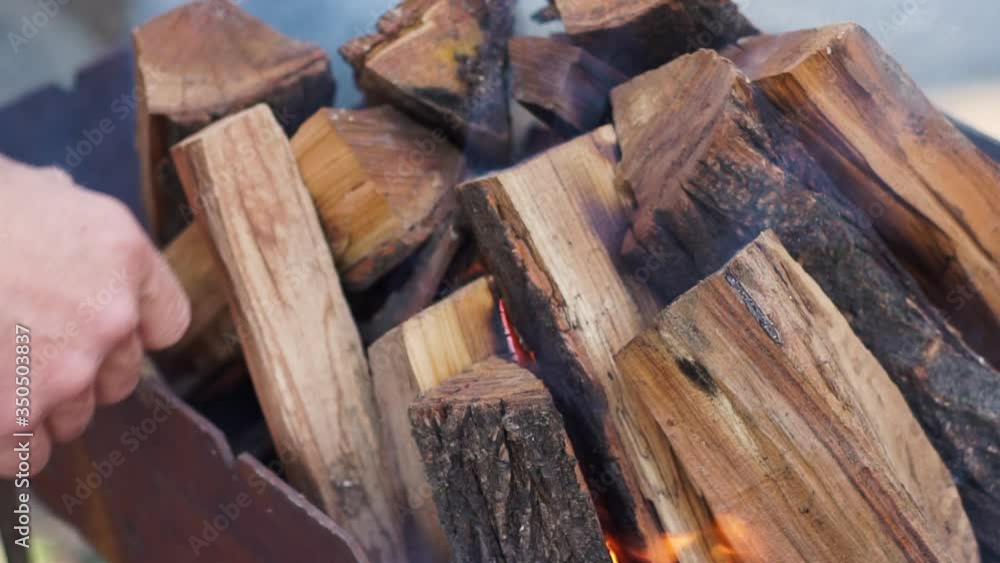 Fire place for barbecue with wooden sticks inside and nice flame with smoke Fire place for barbecue with wooden sticks inside and nice flame with smoke