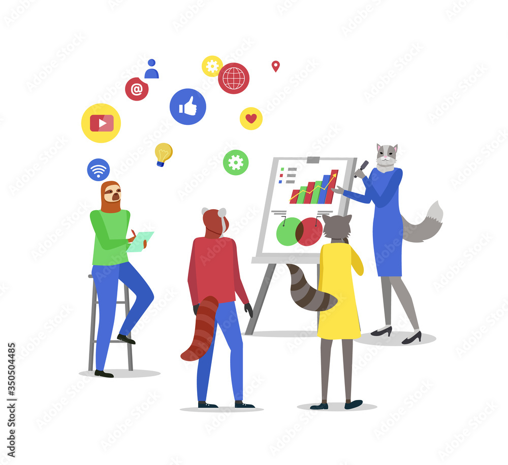 Hipster animal vector, sloth and cat raccoon presenting infographics and infocharts analytics information on board flat style. Presenter in business school Hipster animal vector, sloth and cat raccoon presenting infographics and infocharts analytics information on board flat style. Presenter in business school