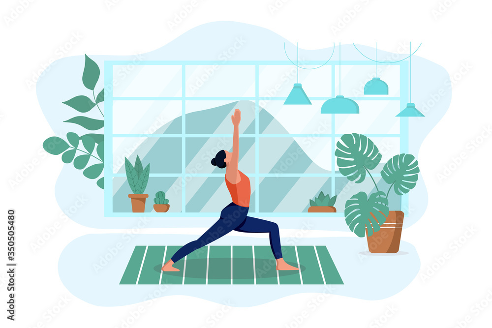 The girl practices yoga in the living room on the rug at home. He does exercises and meditates. Isolated white background. The concept of interior design and a healthy lifestyle. Vector illustration