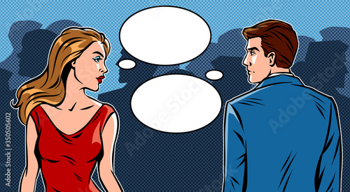 Woman and man looking at each other and thinking. Pop art vector retro illustration.