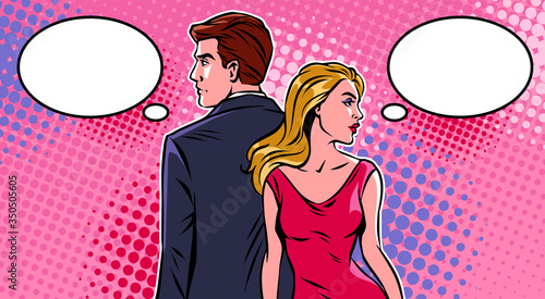 Man and woman looking in different directions and speech bubbles. Relationship problems concept. Pop art vector illustration.