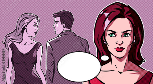 Woman looking at man with another woman and getting jealous. Pop art vector illustration.