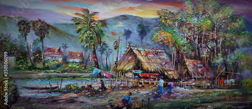 Fototapeta Naklejka Na Ścianę i Meble -  oil painting  Thailand Countryside Mountain northeast , rural life , rural thailand