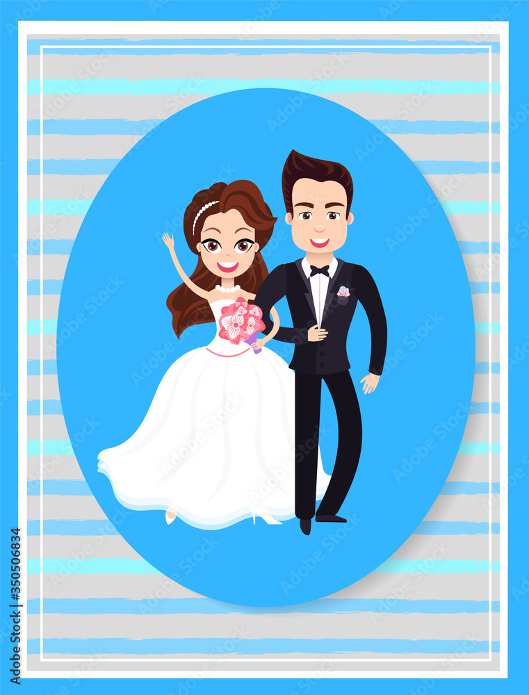 Φωτογραφία Wedding day of couple in love vector, man and woman holding bouquet in wrapping,