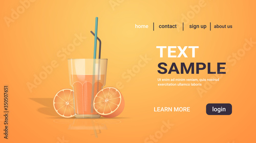 glass of fresh orange juice with straw and cut in half fruit copy space horizontal vector illustration