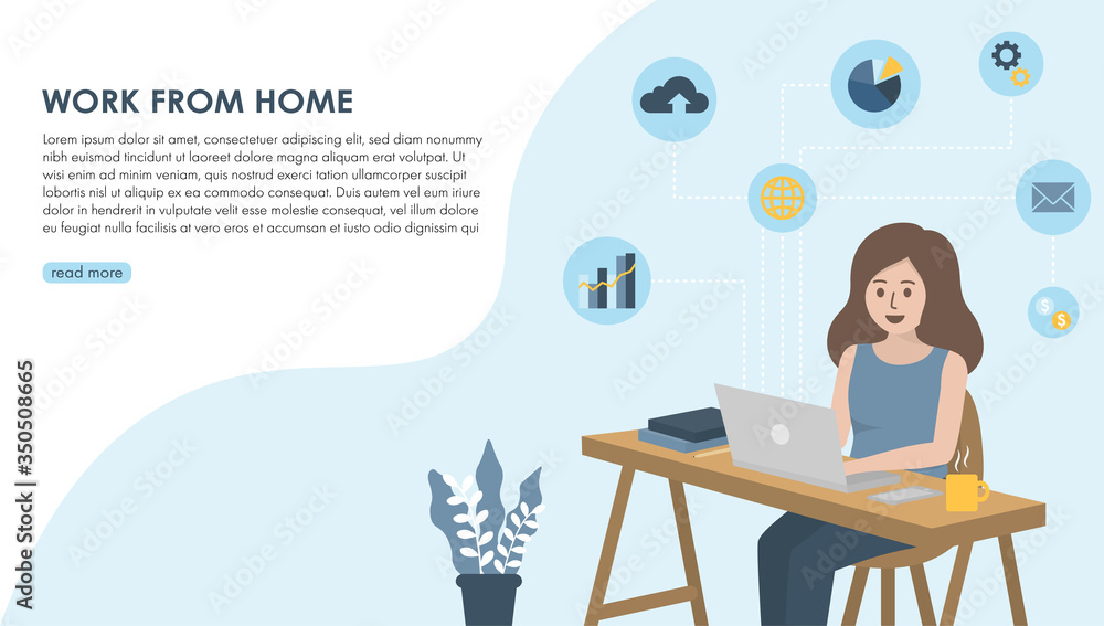 Freelance woman working with laptop at home office, connecting online network, surrounding with business icons. Remote working, self employed and business concept. Flat vector illustration. Copy space