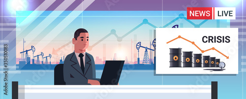 tv reporter presenting news about oil barrels downward chart arrow falling price decrease of petroleum costs crisis concept pump jack drilling rig background horizontal portrait vector illustration