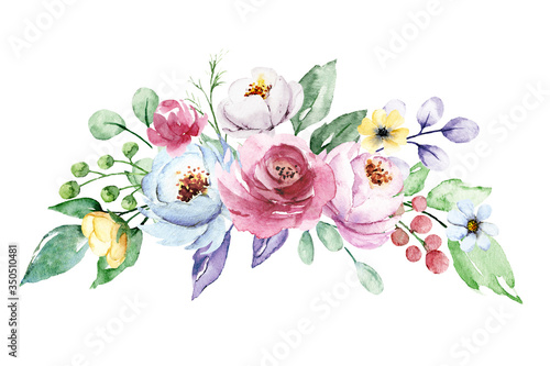 Flowers watercolor painting, peonies bouquet for greeting card, invitation, poster, wedding decoration and other printing images. Botanical illustration isolated on white.