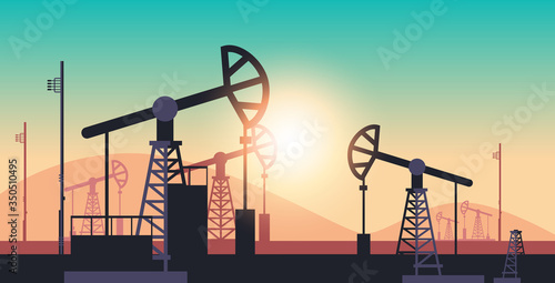pumpjack petroleum production trade oil industry concept pumps industrial equipment drilling rig sunset background horizontal vector illustration