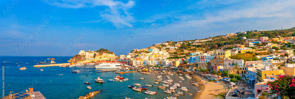 Panoramic view of the harbor and port at Ponza, Lazio, Italy. Ponza is the largest island of the Italian Pontine Islands archipelago.