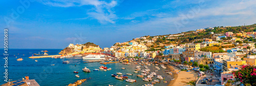 Panoramic view of the harbor and port at Ponza, Lazio, Italy. Ponza is the largest island of the Italian Pontine Islands archipelago. photo