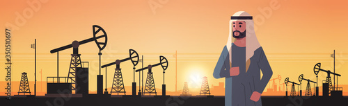 arabic businessman over pumpjack petroleum production trade oil industry concept pumps industrial equipment drilling rig sunset background horizontal portrait vector illustration