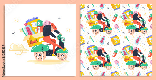 Man driving on delivery scooter.  Fast product delivery.  Transportation service. Self isolation, protection. Flat colourful vector illustration, art isolated on background. Delivery seamless pattern.