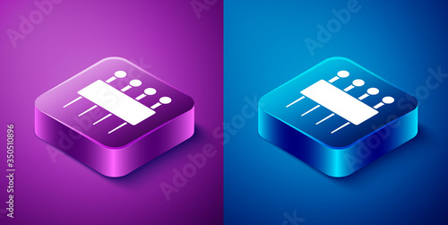 Isometric Needle for sewing icon isolated on blue and purple background. Tailor symbol. Textile sew up craft sign. Embroidery tool. Square button. Vector