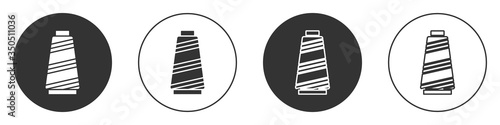 Black Sewing thread on spool icon isolated on white background. Yarn spool. Thread bobbin. Circle button. Vector