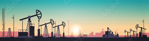 pumpjack petroleum production trade oil industry concept pumps industrial equipment drilling rig sunset background horizontal vector illustration