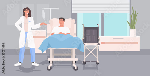 female doctor visiting ill man patient lying on bed in hospital ward medicine health care treatment concept full length horizontal vector illustration