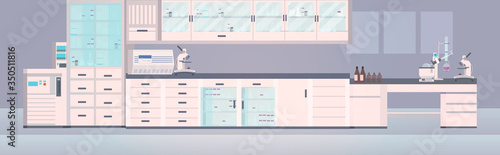 modern lab workplace chemical laboratory interior with furniture equipment and glasswae horizontal vector illustration
