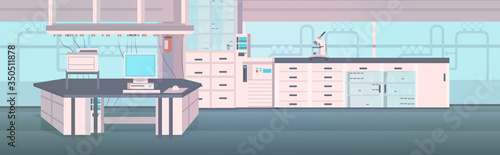 modern lab workplace chemical laboratory interior with furniture equipment and glasswae horizontal vector illustration