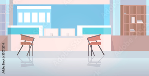 hospital reception with furniture empty nurses station no people clinic hall interior horizontal vector illustration