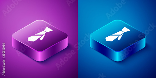 Isometric Tie icon isolated on blue and purple background. Necktie and neckcloth symbol. Square button. Vector