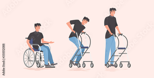 evolution of disabled man patient sitting in wheelchair staying with crutches rehabilitation concept horizontal full length vector illustration