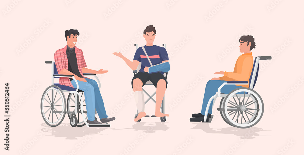 Fototapeta premium disabled men sitting in wheelchair disability concept flat full length horizontal vector illustration
