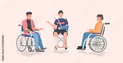 disabled men sitting in wheelchair disability concept flat full length horizontal vector illustration