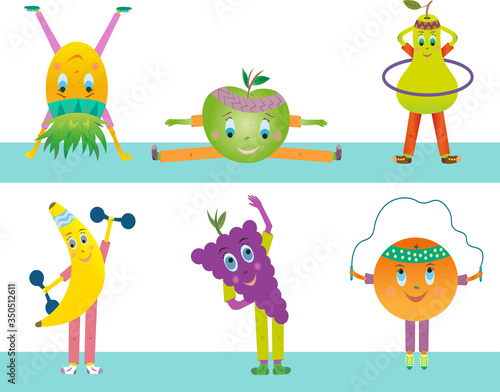 Fruits go in for sports. The illustration has a vector pineapple, apple, pear, banana, grape and orange.