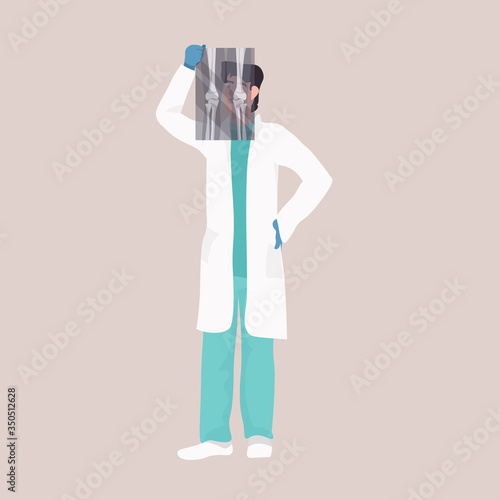 male doctor examining x-ray knee joint inflammation osteoarthritis traumatology concept medicine healthcare concept full length vector illustration