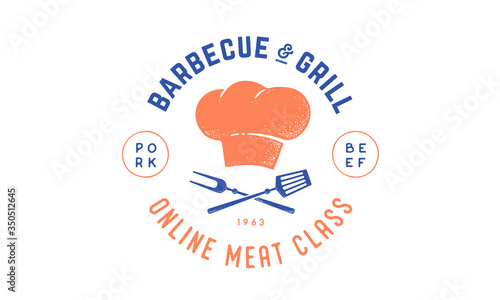 Food logo. Logo for Cooking school class with icon bbq tools, grill fork, spatula, text typography Meat Class, Barbecue, Grill. Graphic logo template for cooking cuisine course. Vector Illustration