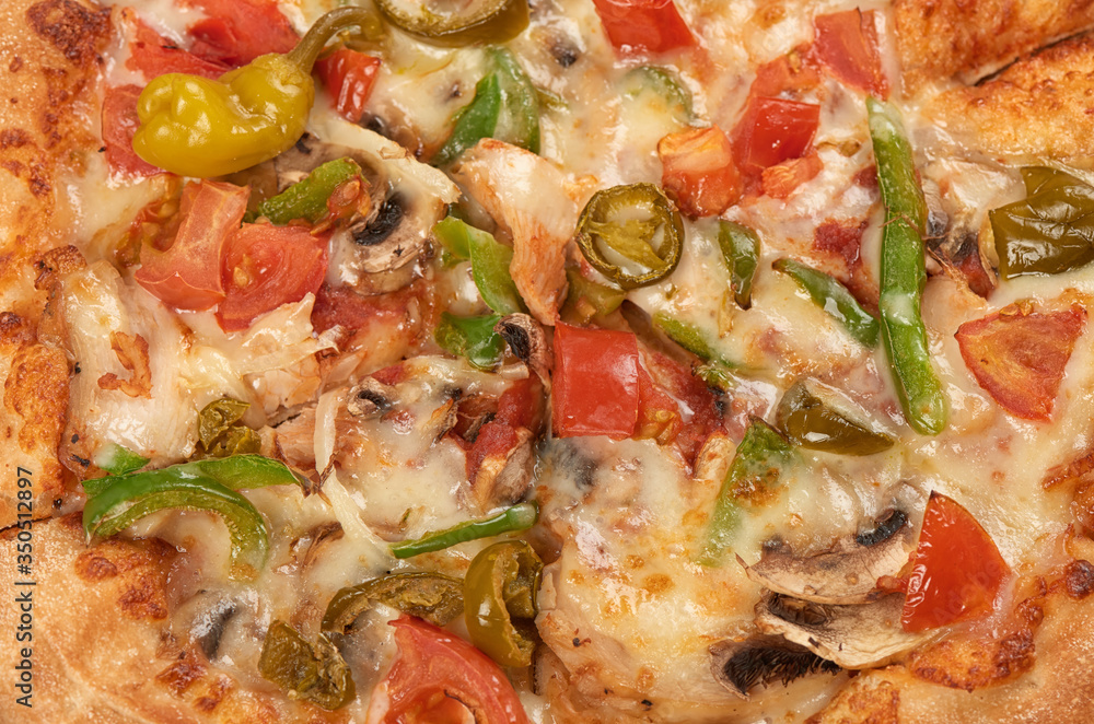 close up of a hot pizza top view close up of a hot pizza top view