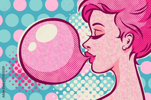 Close up of a woman with pink bubble gum. Pop art vector vintage illustration.