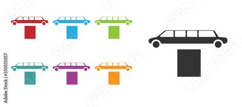 Black Luxury limousine car and carpet icon isolated on white background. For world premiere celebrities and guests poster. Set icons colorful. Vector