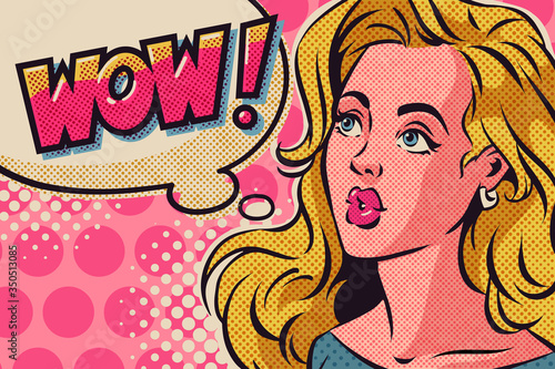 Blond woman surprised close up in pop art style and wow speech bubble. Vector retro comic illustration.